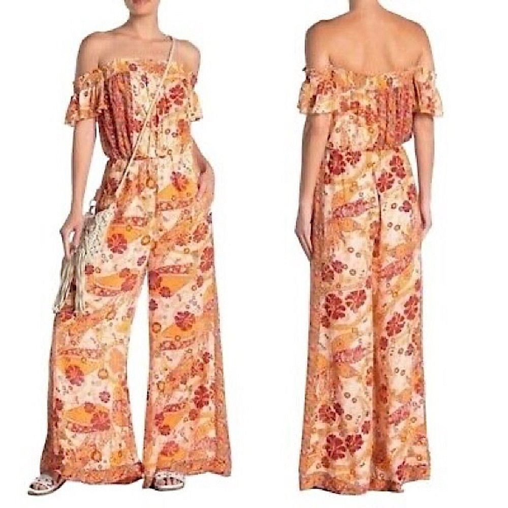 Free People Carmen Orange Paisley Floral Off Shoulder Wide Leg Jumpsuit Sz Small